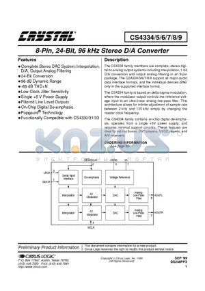 CS4334 datasheet - 8-Pin, 24-Bit, 96 kHz Stereo D/A Converter