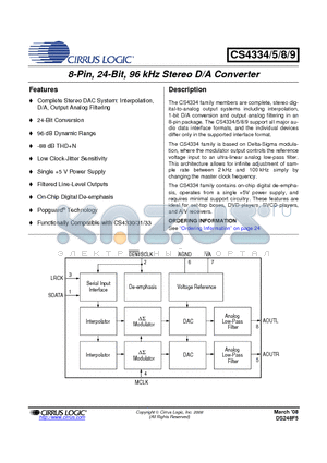 CS4334-DSZ datasheet - 8-Pin, 24-Bit, 96 kHz Stereo D/A Converter