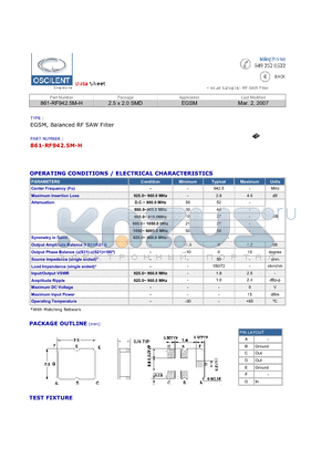 861-RF942.5M-H datasheet - EGSM, Balanced RF SAW Filter