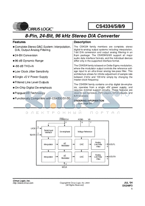 CS4334-BS datasheet - 8-Pin, 24-Bit, 96 kHz Stereo D/A Converter