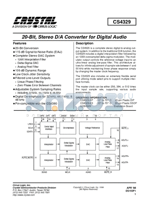 CS4329-KS datasheet - 20-Bit, Stereo D/A Converter for Digital Audio