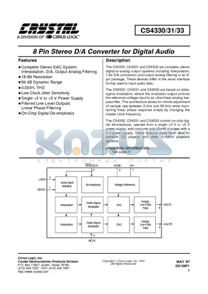 CS4330 datasheet - 8 Pin Stereo D/A Converter for Digital Audio