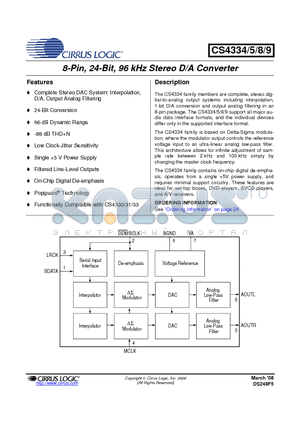 CS4335-DSZ datasheet - 8-Pin, 24-Bit, 96 kHz Stereo D/A Converter