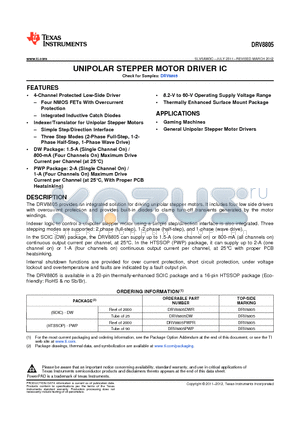 DRV8805PWP datasheet - UNIPOLAR STEPPER MOTOR DRIVER IC