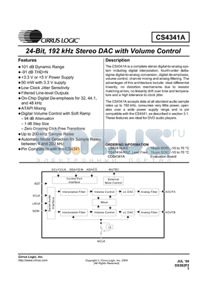 CS4341A-KS datasheet - 24-Bit, 192 kHz Stereo DAC with Volume Control