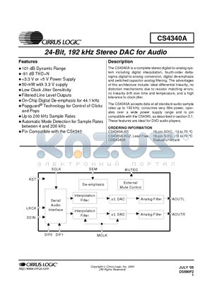 CS4340A-KS datasheet - 24-Bit, 192 kHz Stereo DAC for Audio