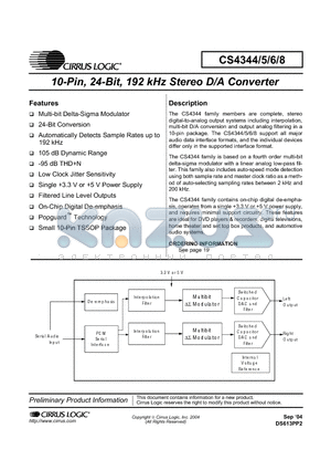 CS4344-DZZ datasheet - 10-PIN, 24-BIT, 192KHz STEREO D/A CONVERTER