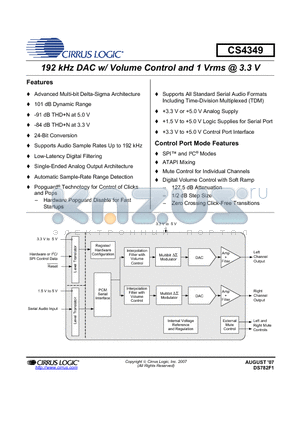 CS4349-DZZ datasheet - 192 kHz DAC w/ Volume Control and 1 Vrms @ 3.3 V