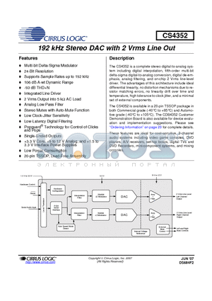 CS4352-CZZ datasheet - 192 kHz Stereo DAC with 2 Vrms Line Out