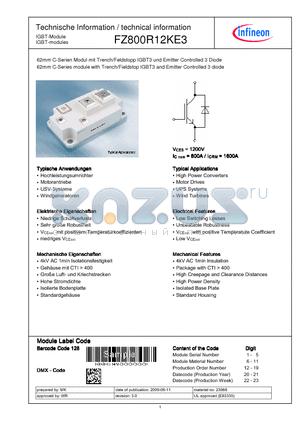 FZ800R12KE3 datasheet - 62mm C-Serien Modul mit Trench/Feldstopp IGBT3 und Emitter Controlled 3 Diode