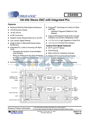 CS4350 datasheet - 192 kHz Stereo DAC with Integrated PLL