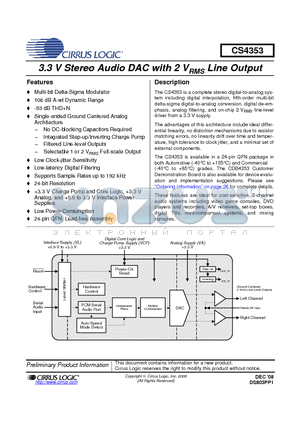 CS4353-CNZR datasheet - 3.3 V Stereo Audio DAC with 2 VRMS Line Output