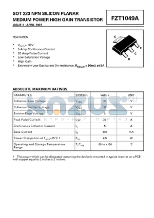 FZT1049A datasheet - NPN SILICON PLANAR MEDIUM POWER HIGH GAIN TRANSISTOR