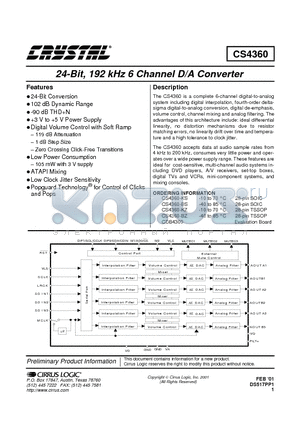 CS4360-KZ datasheet - 24-Bit, 192 kHz 6 Channel D/A Converter
