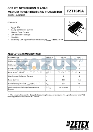 FZT1049A datasheet - SOT 223 NPN SILICON PLANAR MEDIUM POWER HIGH GAIN TRANSISTOR