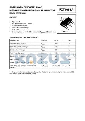 FZT1053 datasheet - NPN SILICON PLANAR MEDIUM POWER HIGH GAIN TRANSISTOR