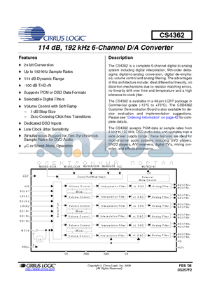 CS4362 datasheet - 114 dB, 192 kHz 6-Channel D/A Converter
