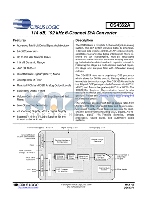 CS4362A datasheet - 114 dB, 192 kHz 6-Channel D/A Converter