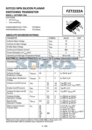 FZT2222A datasheet - SOT223 NPN SILICON PLANAR SWITCHING TRANSISTOR