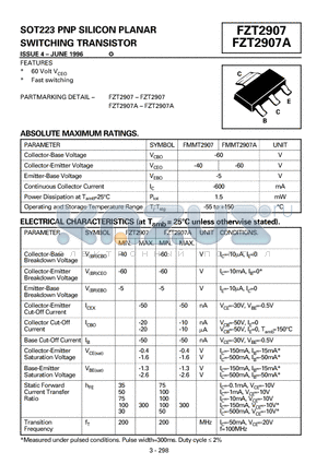 FZT2907 datasheet - SOT223 PNP SILICON PLANAR SWITCHING TRANSISTOR