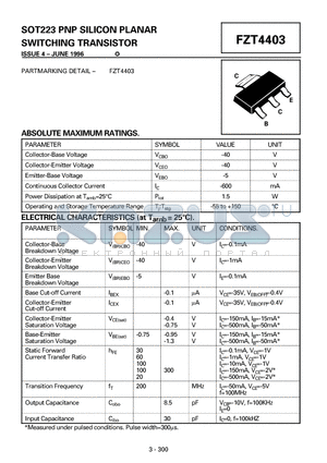 FZT4403 datasheet - SOT223 PNP SILICON PLANAR SWITCHING TRANSISTOR