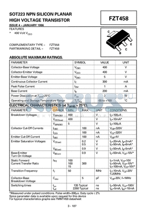 FZT458 datasheet - SOT223 NPN SILICON PLANAR HIGH VOLTAGE TRANSISTOR