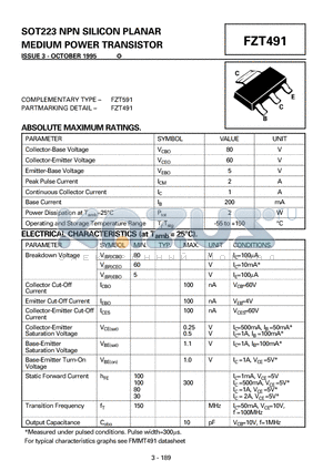 FZT491 datasheet - SOT223 NPN SILICON PLANAR MEDIUM POWER TRANSISTOR