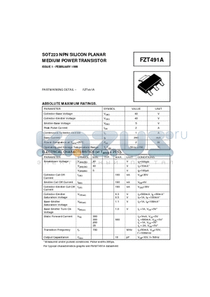 FZT491A datasheet - SOT223 NPN SILICON PLANAR MEDIUM POWER TRANSISTOR