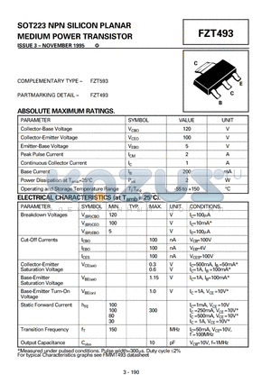 FZT493 datasheet - SOT223 NPN SILICON PLANAR MEDIUM POWER TRANSISTOR