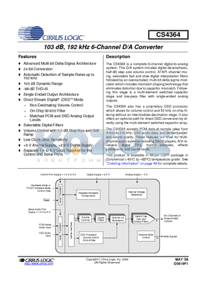 CS4364 datasheet - 103 dB, 192 kHz 6-Channel D/A Converter