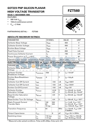 FZT560 datasheet - PNP SILICON PLANAR HIGH VOLTAGE TRANSISTOR