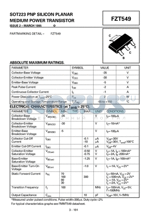 FZT549 datasheet - PNP SILICON PLANAR MEDIUM POWER TRANSISTOR