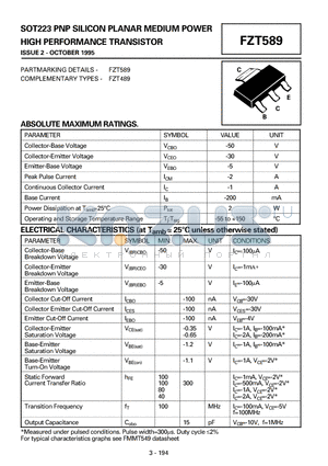 FZT589 datasheet - PNP SILICON PLANAR MEDIUM POWER HIGH PERFORMANCE TRANSISTOR