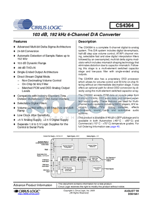 CS4364-DQZR datasheet - 103 dB, 192 kHz 6-Channel D/A Converter