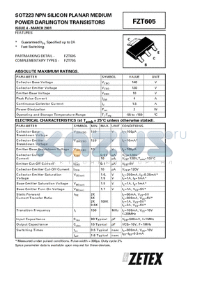 FZT605 datasheet - NPN SILICON PLANAR MEDIUM POWER DARLINGTON TRANSISTORS