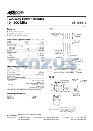 DS-109 datasheet - Two-Way Power Divider 10 - 500 MHz