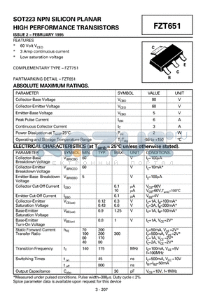 FZT651 datasheet - SOT223 NPN SILICON PLANAR