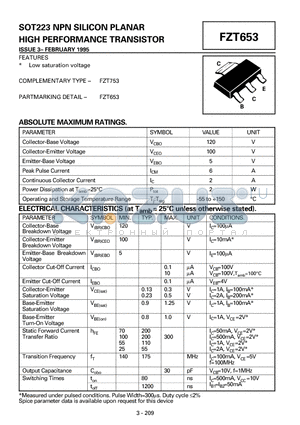 FZT653 datasheet - SOT223 NPN SILICON PLANAR HIGH PERFORMANCE TRANSISTOR