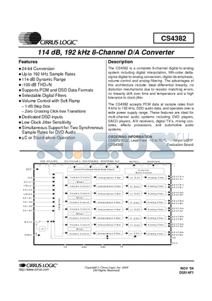 CS4382 datasheet - 114 dB, 192 kHz 8-Channel D/A Converter