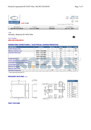 862-RF1220.0M-B datasheet - Wireless, Balanced RF SAW Filter