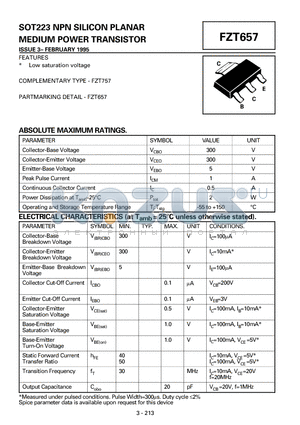 FZT657 datasheet - NPN SILICON PLANAR MEDIUM POWER TRANSISTOR