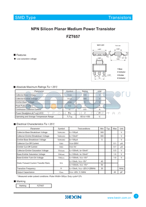 FZT657 datasheet - NPN Silicon Planar Medium Power Transistor