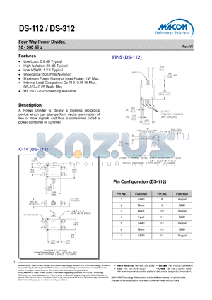 DS-112PIN datasheet - Four-Way Power Divider, 10 - 500 MHz
