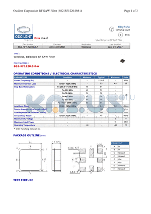 862-RF1220.0M-A datasheet - Wireless, Balanced RF SAW Filter