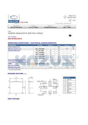 862-RF463.5M-B datasheet - CDMA450, Balanced RF-Rx SAW Filter (H-Band)