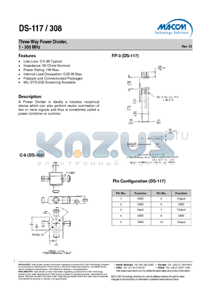 DS-117PIN datasheet - Three-Way Power Divider, 1 - 300 MHz