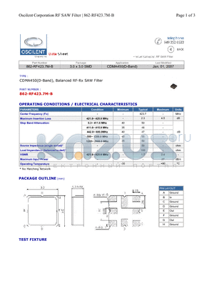 862-RF423.7M-B datasheet - CDMA450(D-Band), Balanced RF-Rx SAW Filter