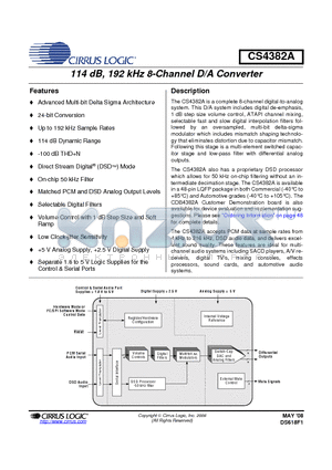 CS4382A-DQZ datasheet - 114 dB, 192 kHz 8-Channel D/A Converter