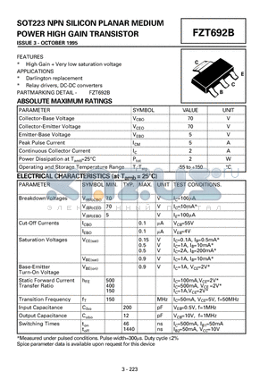 FZT692B datasheet - NPN SILICON PLANAR MEDIUM POWER HIGH GAIN TRANSISTOR