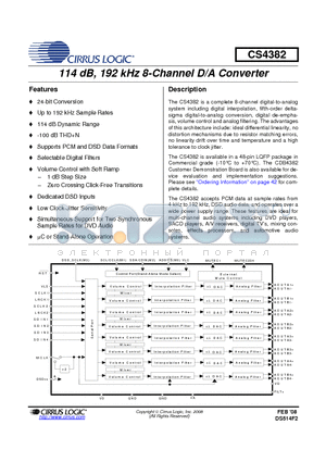 CS4382_08 datasheet - 114 dB, 192 kHz 8-Channel D/A Converter